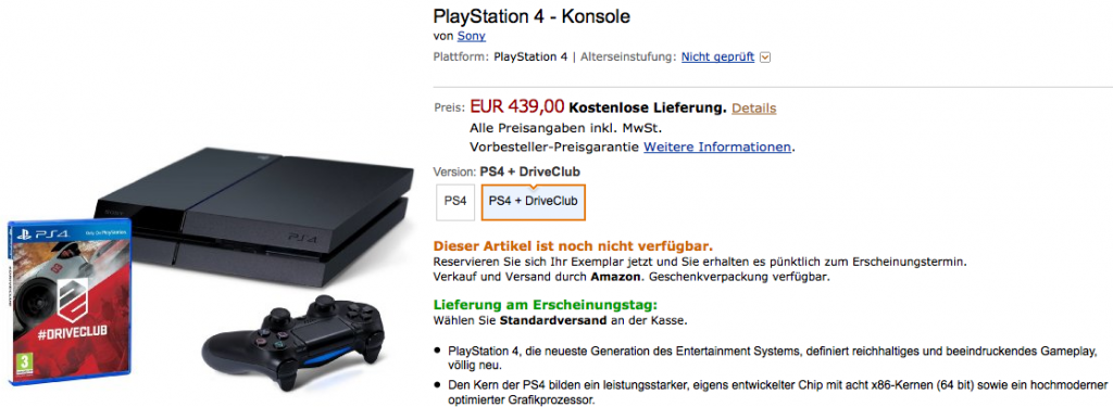 PS4 mit DriveClub vorbestellen