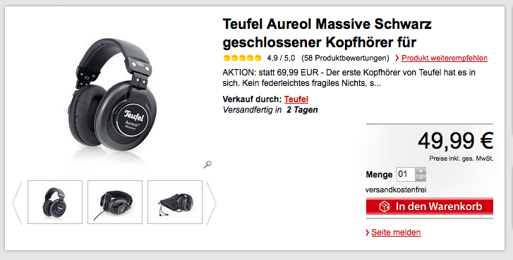 Kopfhörer Aureol Massive von Teufel für nur 46,49 €