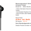 Sony XBA-C10 In Ear-Kopfhörer für 22,99 €